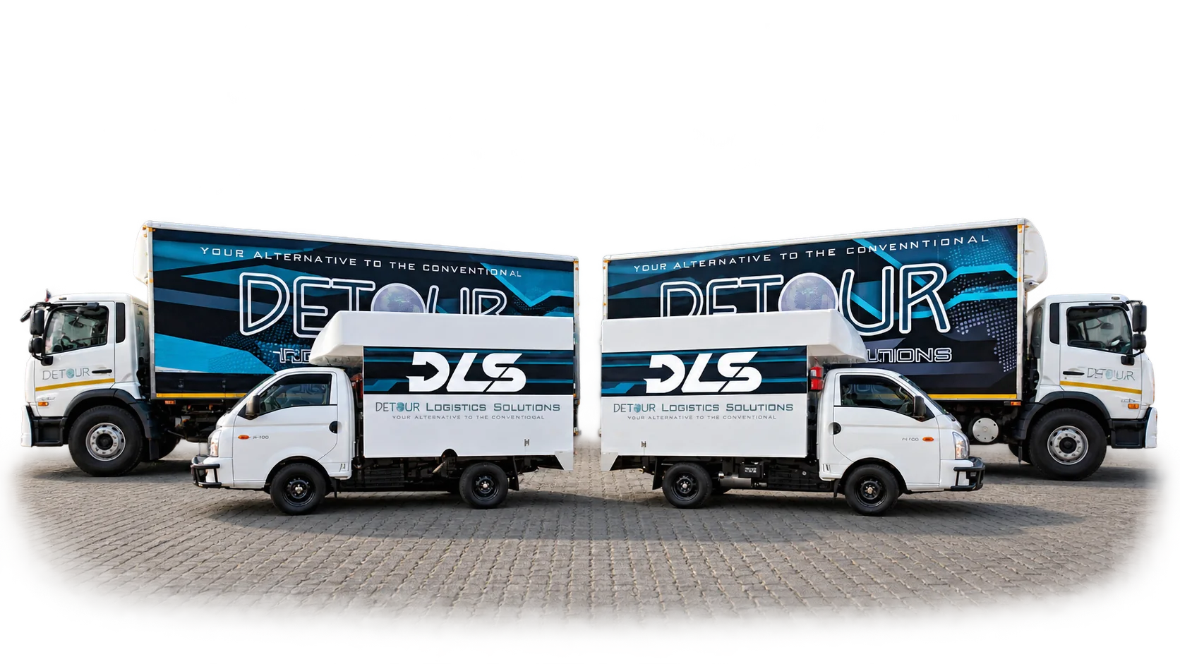 The DLS fleet on cobbled paving: two rigid box trucks behind two small box vans, all in DLS livery, parked back to back in pairs.