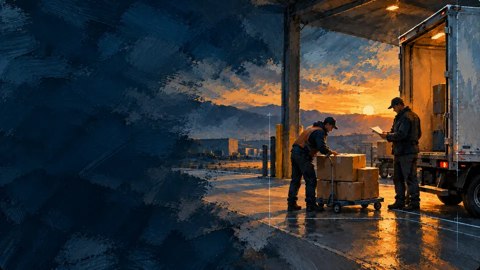 A painted illustration of two dock workers at dusk: one wheeling a trolley of cartons, one checking a document beside an open box truck.