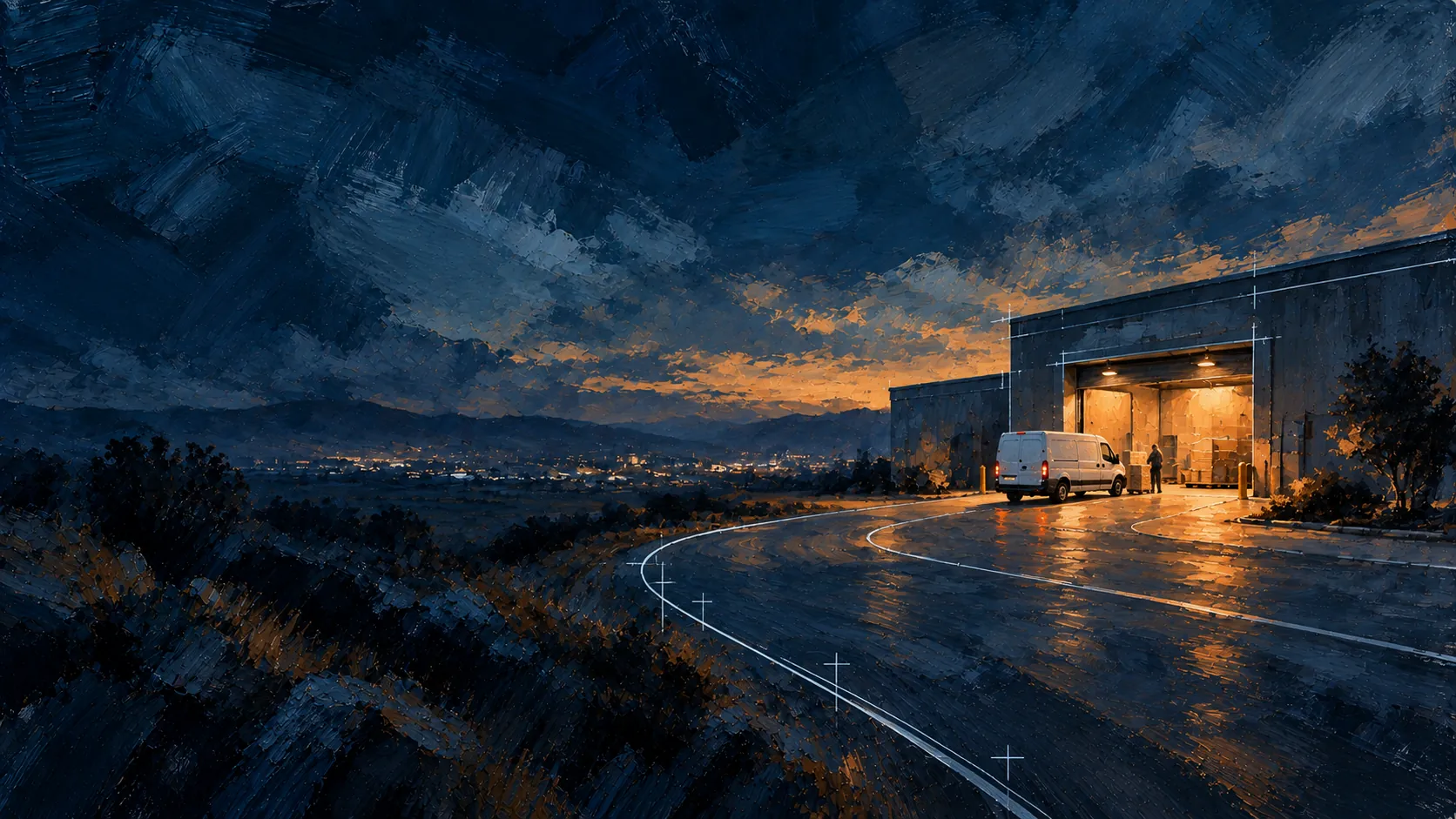 A painting of a lit warehouse door at dusk, with a white van and one person beside it.